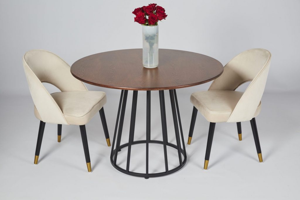 Brown Wood and Black Metal Small Round Modern Dining Table with Colby Beige Velvet Dining Chairs Dining Room Setting ROOBBA