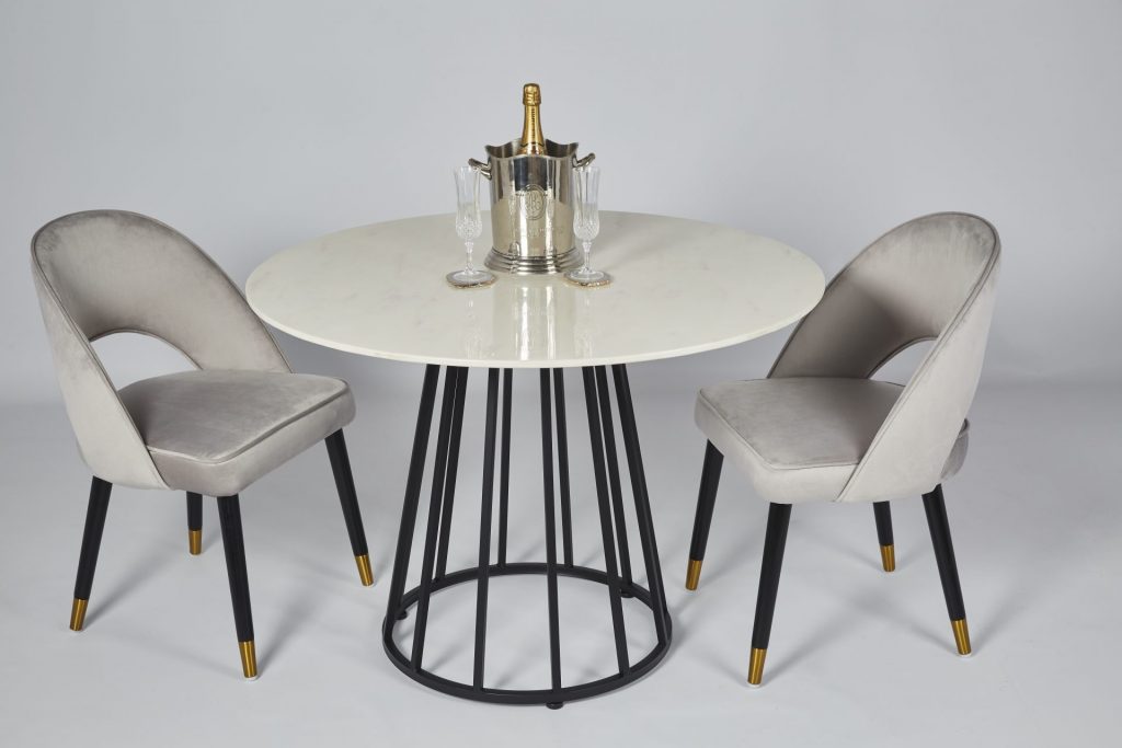 Faux Marble and Black Metal Small Round Modern Dining Table with Colby Grey Velvet Dining Chairs Dining Room Setting ROOBBA
