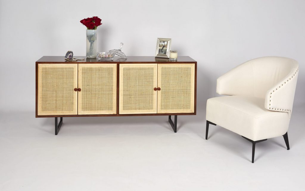 Brown Wood & Light Rattan Modern Sideboard Storage with Cream Fabric Armchair ROOBBA