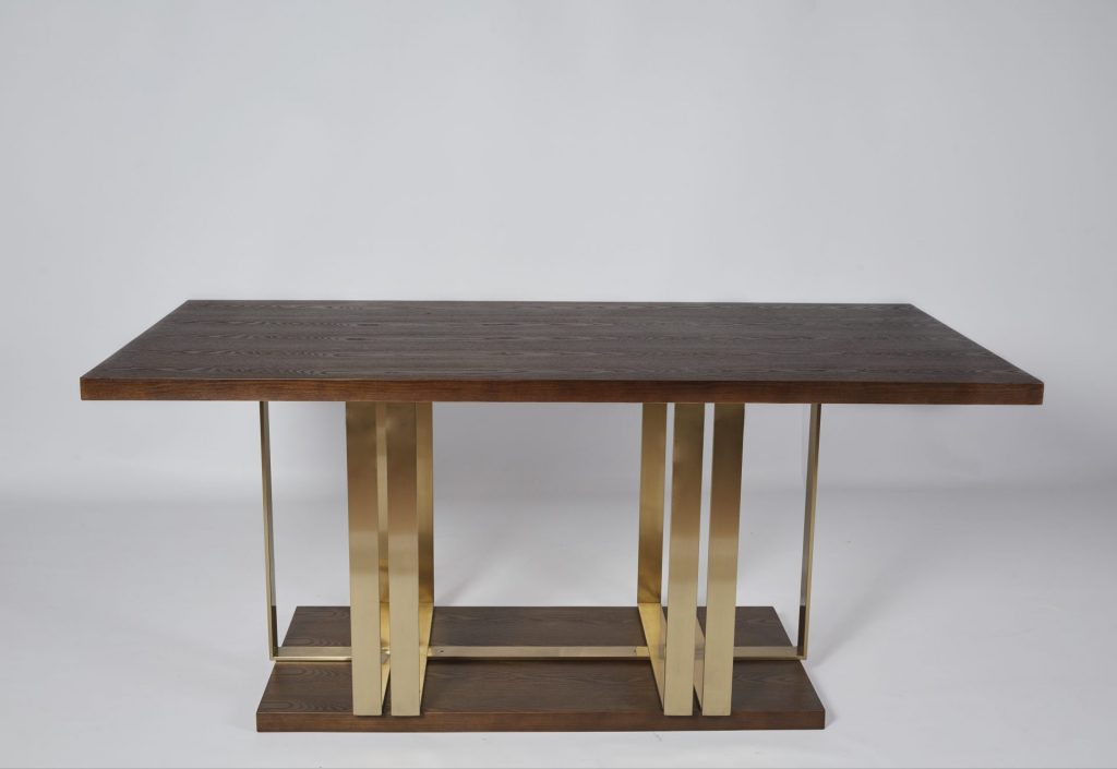 Beautiful Brown Wood & Gold Metal Modern Rectangle Dining Table ROOBBA
