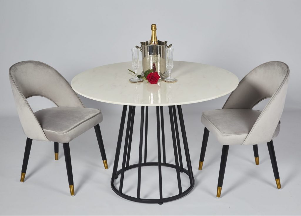 Colby Grey Velvet & Black Wood Dining Chair Darcie Marble & Black Metal Dining Table ROOBBA