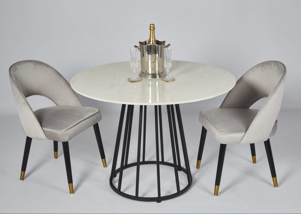 Colby Grey Velvet & Black Wood Dining Chair Darcie Marble & Black Metal Dining Table ROOBBA