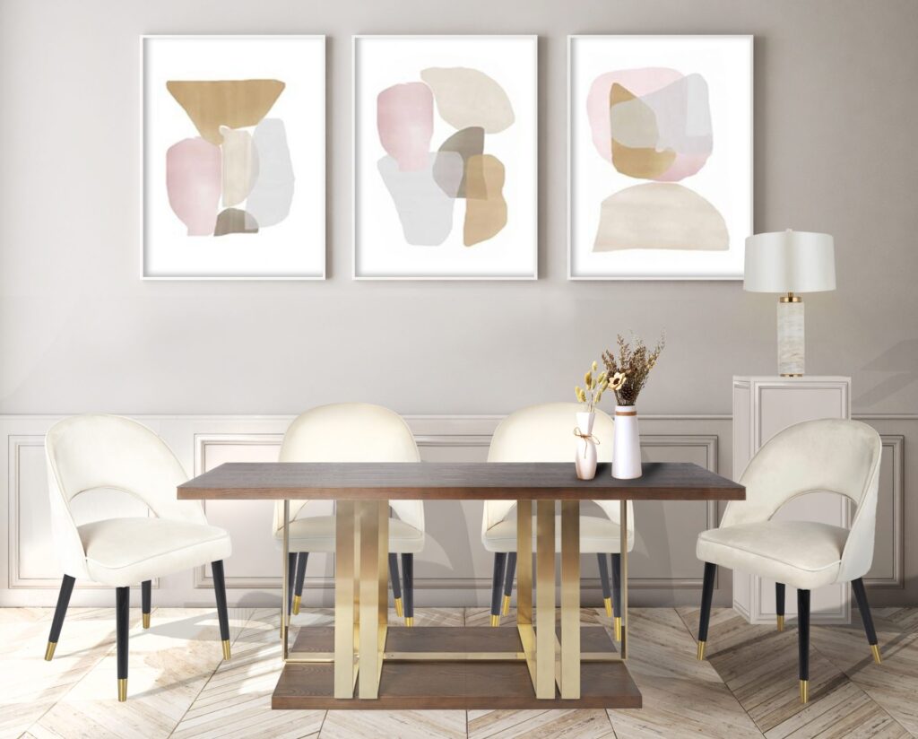 Gold Brown Dining Table Beige Velvet Dining Chairs Marble Lamp Beautiful Affordable Dining Room Setting Modern ROOBBA