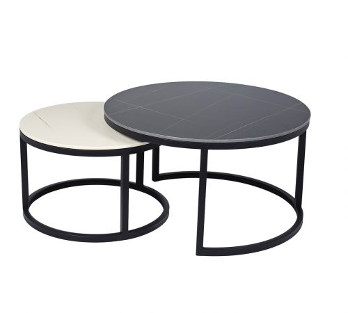White & Black Sintered Stone Metal Legs Round Coffee Table Set Nest ROOBBA